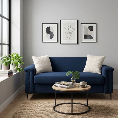 Divano 2 posti in tessuto effetto lino blu 172 cm con piedi in metallo nero (1/5)