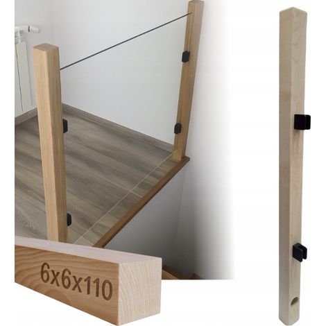 Poteau en bois - 6 x 6 x 110 cm - Hêtre - Fixations acier pour verre - Design moderne