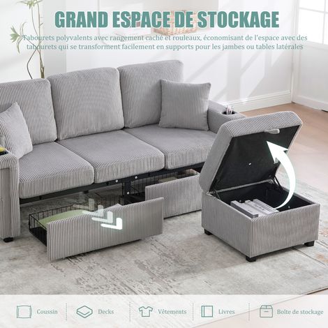 Canapé haut de gamme en velours avec éclairage LED et port USB-C, pouf de rangement inclus, porte-gobelets pratiques et poches latérales – qualité premium pour salon, chambre ou bureau, gris clair (1/5)