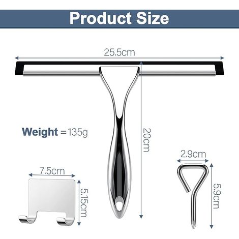 Raclette de Douche Acier Raclette Douche 25.5 CM Lèvre de Rechange Crochet Raclette Vitre Salle De Bain Miroir Nettoyage Verre Carrelage (1/4)