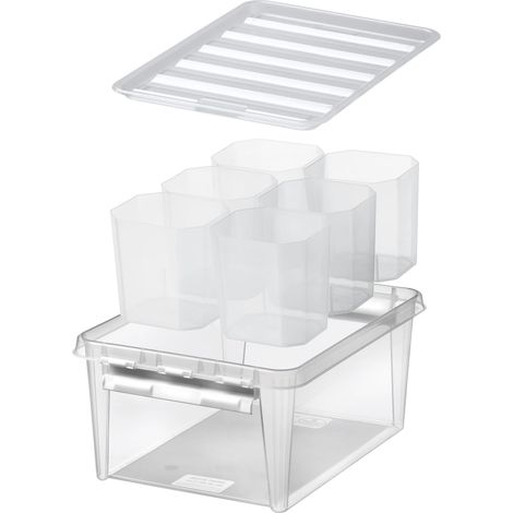 SmartStore 14L Cassetto in plastica con coperchio e 6 inserti - Trasparente - Impilabile e annidabile - Garanzia di 10 anni - Sicuro per gli alimenti e senza BPA - Clip bianca bloccata - L40xL30xH18cm (1/5)