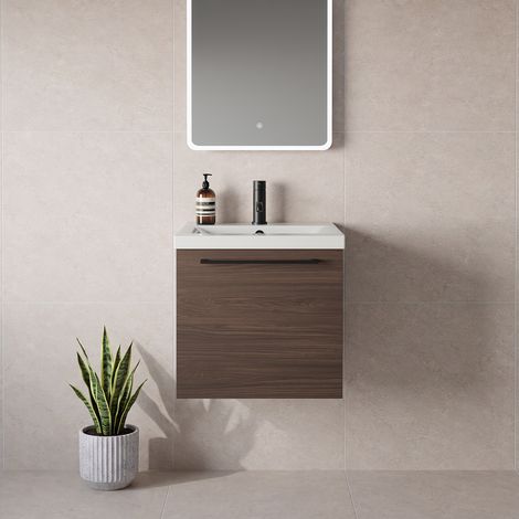 Napoli 390 Brown Oak 500mm Wall Mounted Single Drawer Vanity Unit with Glide Basin - 500mm - Matt Black 320mm Handle