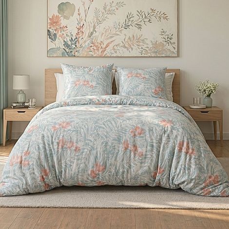 Parure housse de couette 240x220cm + 2 taies motif floral turquoise et rose 100% microfibre - BLANDINE (1/4)