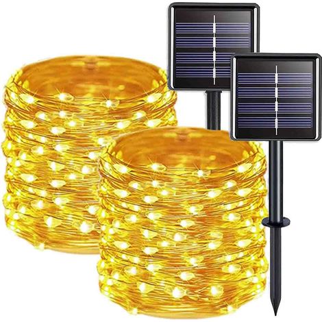 Lot de 2 lampes solaires chauffantes à 100 LED de 12 m, fil de cuivre étanche,