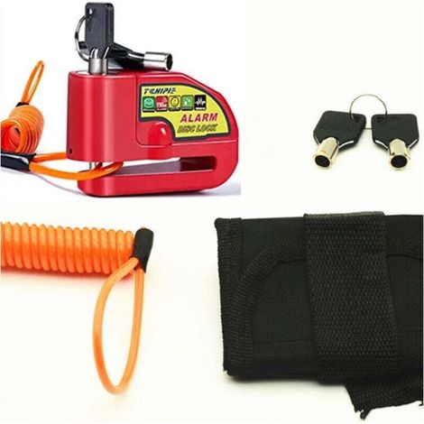 Blocco disco per moto con allarme da 110 dB, allarme per blocco disco moto/bici/scooter, 2 chiavi, cavo allarme da 1,5 m, rosso