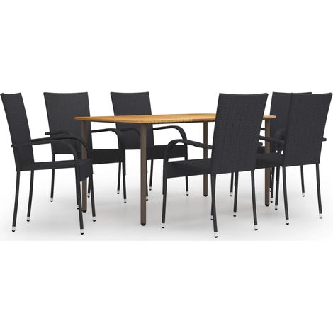 7-tlg. Garten-Essgruppe Poly Rattan Schwarz