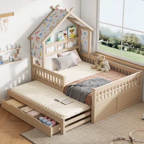 Lit cabane 140x200 cm avec tiroir escamotable, lit enfant avec 3 tiroirs et barrières de sécurité, bois, blanc crème