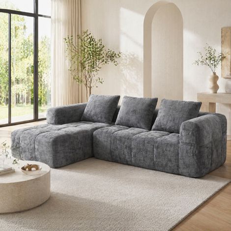 Divano angolare 3 posti in ciniglia grigia con chaise longue, senza montaggio HAVRYA (1/5)