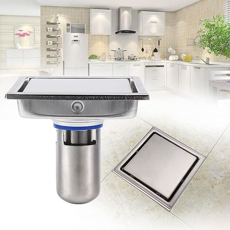 Siphon de sol de douche en acier inoxydable 304 avec cache-séchage désodorisant, idéal pour salle de bain et cuisine, finition argent brossé, invisible, pour eaux profondes (11 x 11 cm), compatible av (1/5)