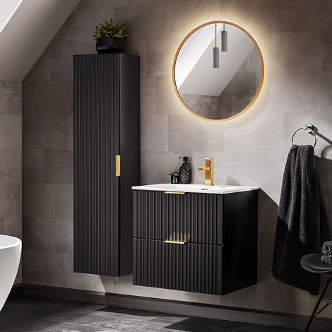 Badezimmer Möbel Set, 60cm Waschtisch mit Keramik Waschbecken, matt schwarz mit gerillter Front, ADELAIDE-56-BLACK, B/H/T ca. 110/200/46 cm (1/5)