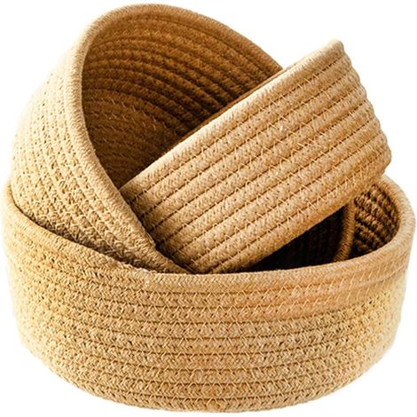 Lot de 3 petits paniers de rangement en corde de coton tissé kaki pour bureau, décoration ronde, paniers en corde de coton pour entrée, bijoux, jouets, clés