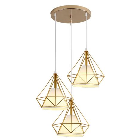 Lampada a Sospensione Industriale, 3 Luci Plafoniera con Gabbia di Diamante 25cm, Lampada E27 per Soggiorno Sala da Pranzo (Oro) (1/5)