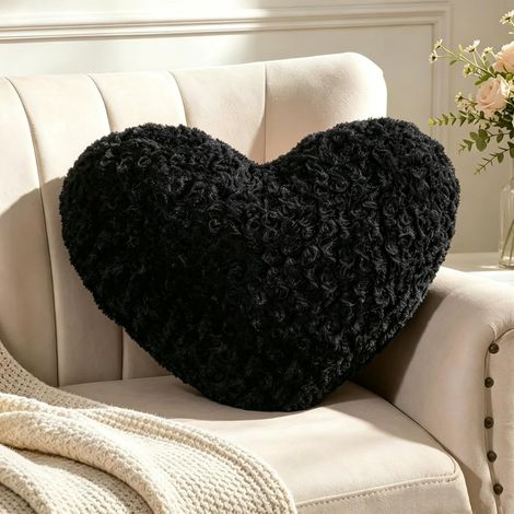 Coussin en forme de cœur, noir - Coussin en peluche douce en forme de cœur - Coussin décoratif Love, oreiller jeté en peluche Heart pour salon canapé, chambre d'enfant, lit - Cadeau 26x36 cm (1/5)