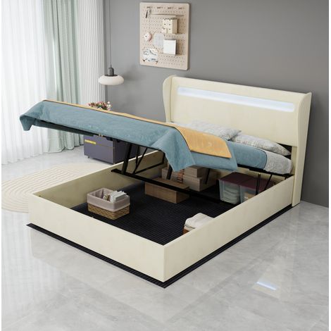 Bett modern gepolstert 140x200 cm beige aus Stoff und Metall mit verstellbarem Kopfteil und LED (1/5)