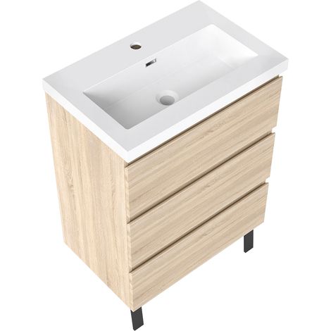 Meuble de Salle de Bain 60cm avec 3 tiroirs + 2 Pieds, Meuble simple vasque, Chêne