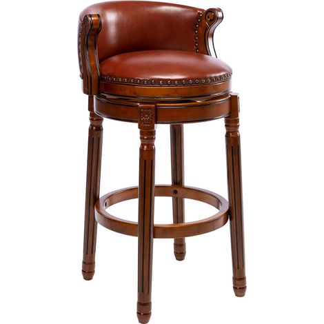 Tabourets de bar en bois et cuir de vachette, pivotants à 360°, hauteur bar avec dossier, pour comptoir de cuisine, style moderne. (1/5)
