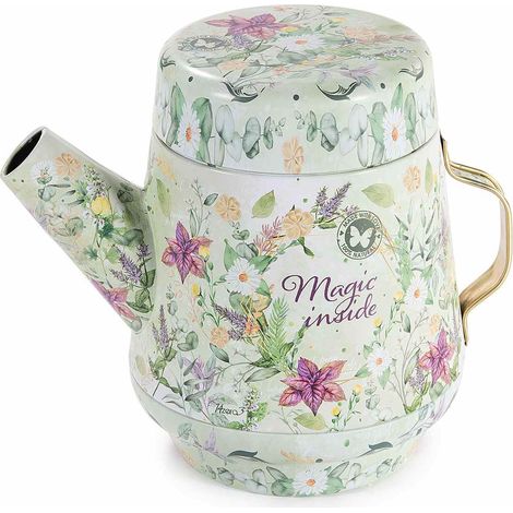 Scatole in metallo a forma di teiera con fantasia erbe e scritte, adatta al contatto alimentare, set da 4 pezzi, cm 16 x 11 x 14 H