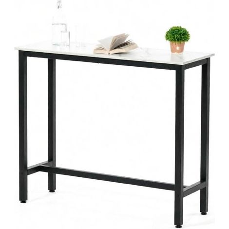 CHICFURN Mesa alta 120x40x100 cm negra, tablero efecto mármol blanco, para cocina (1/5)