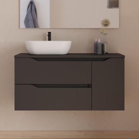 Meuble de salle de bain 100cm avec plateau et vasque à poser déportée à gauche Zeus - sans miroir - 2 tiroirs et un placard - noir - ZARZA