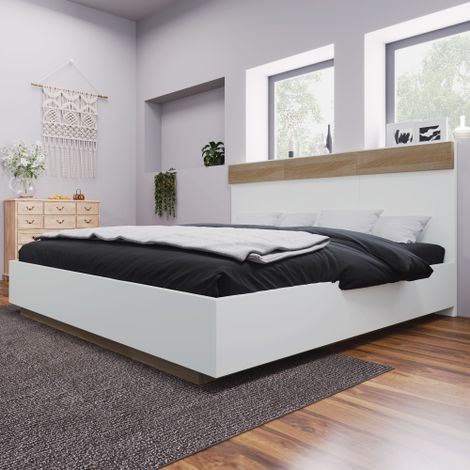Doppelbett Holzbett Schwebebett mit Kopfteil aus Bettgestell &Lattenrost-Set in Eiche Sonoma(Ohne Matratze)
