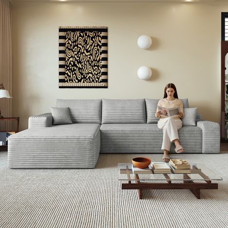 Canapé d'angle 270 cm en mousse sans os avec méridienne en L, canapé modulable moderne à assise profonde, livré monté, canapé compressible pour salon, chambre, appartement, gris (1/5)