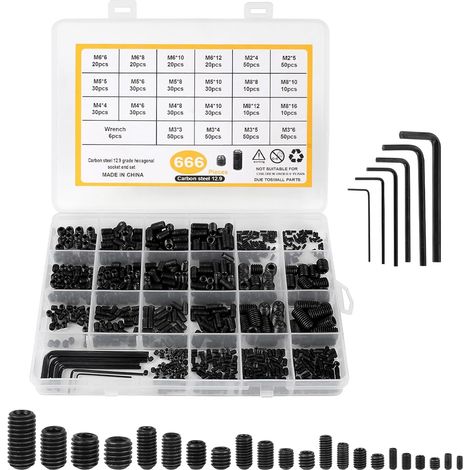 Lot de 666 vis sans tête à six pans creux en acier au carbone M2 M3 M4 M5 M6 M8 Assortiment de vis à tête hexagonale avec clé à molette, vis Allen pour poignées de porte, luminaires, noir (1/5)
