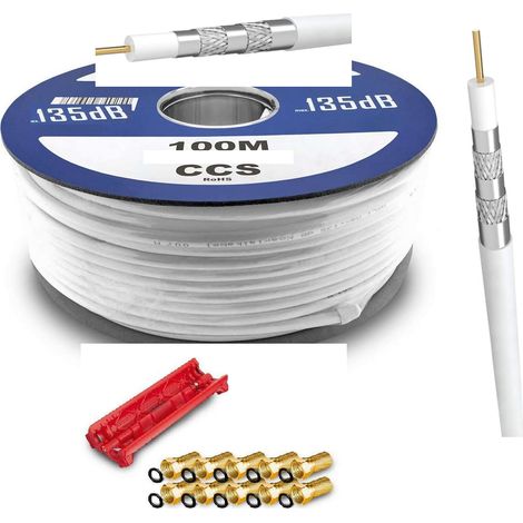 100 m Câble Coaxial TV - SAT blanc, 5 fois blindé + couteau dégainage + 10 fiches F dorées (135db )