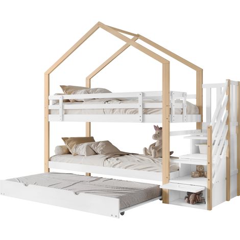 Lit superposé cabane escamotable avec lit tiroir, escalier à 4 tiroirs, barrière de sécurité et sommier, 90x200 & 90x190 cm, blanc bois clair - CHICFURN (1/5)