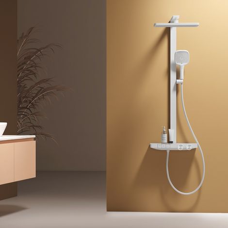EMKE® Duschsystem mit Thermostat 36x24 cm Regenduschkopf Weiß Matt 4-Strahl Handbrause