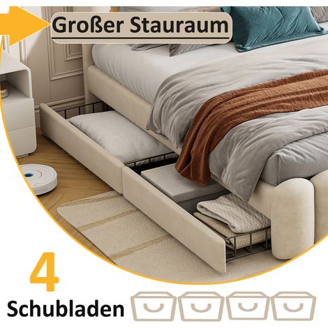 Cadre de lit velours beige 160x200cm, sans sommier, avec 4 tiroirs de rangement, bande LED USB et chaîne stéréo intégrée (1/4)