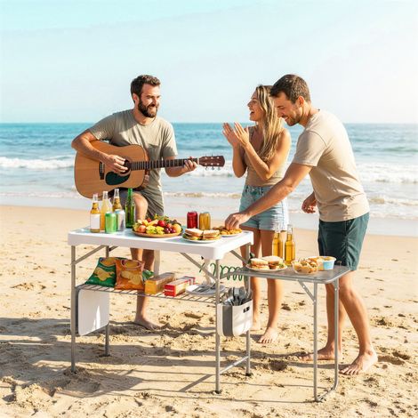 Tavolo portatile pieghevole per la pulizia del pesce con 2 lavelli, rubinetto, tubo flessibile, ripiano laterale, cestello e scomparti, bianco.