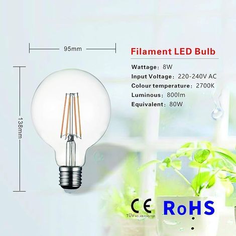 Lot de 2, Ampoule LED Globe E27 G95 à Filament, sans Scintillement à Vis Edison 8 w Équivalent Ampoule Incandescente de 75 w 850 lm Blanc Chaud, conforme aux indications reportées sur l'emballage (1/5)