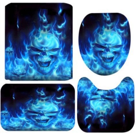 4-teiliges Halloween-Skelett-Duschvorhang-Set mit rutschfesten Teppichen, WC-Deckelbezug und Badematte, Horror-Totenkopf-Duschvorhang mit 12 Haken (1/5)