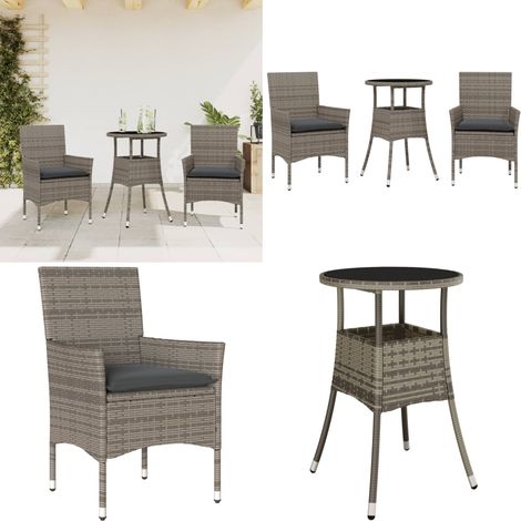 3-tlg. Garten-Essgruppe mit Kissen Grau Poly Rattan und Glas - Gartentisch - Gartenmöbelset - Outdoor Möbel - Terrassenmöbel - Esstisch - Home & Living (1/5)