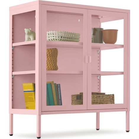 Vitrine métallique, acier thermolaqué, 3 compartiments, rose