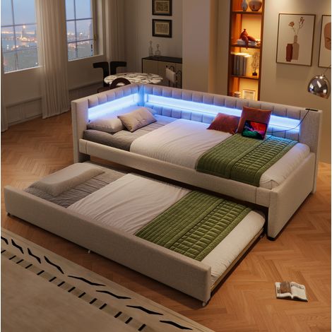 Lit banquette 90x200 cm beige – LED, lit gigogne, sans matelas (1/5)