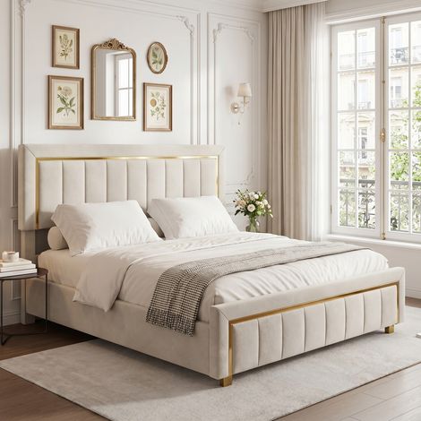 Lit coffre 160x200 en velours beige, lit 2 places avec rangement hydraulique, tête de lit capitonnée avec détails dorés, sommier à lattes, style moderne (1/5)