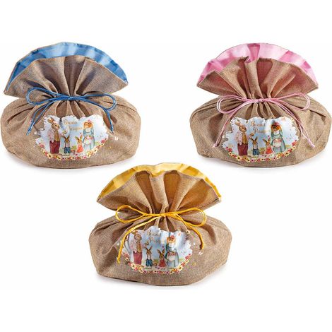 Sacchetti per confezionare colomba ad effetto juta con stampa e disegni di Pasqua e tirante, set da 6 pezzi, cm30x23x31H (al tirante19)