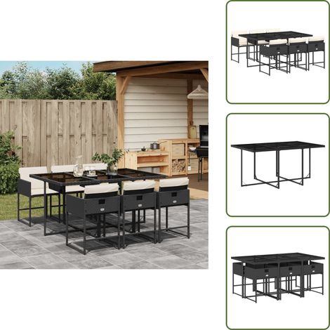 7-tlg. Garten-Essgruppe mit Kissen Schwarz Poly Rattan - Gartenmöbel Set - Esstisch - Gartenstühle - Outdoor Möbel - Balkonmöbel (1/5)