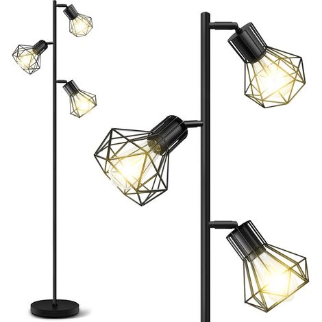 Lampadaire Industriel, Lampadaire Arbre de Ferme avec Têtes de Cage Réglables, Lampadaires Rustiques pour Salon Chambre Bureau, Noir (Ampoules Non Incluses) (1/5)