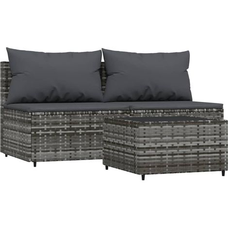 Set de muebles de jardín 3 pzas y cojines ratán sintético gris vidaXL