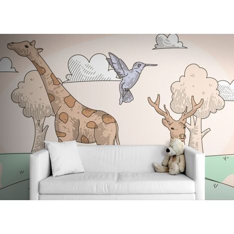 Papier peint animaux – Girafe et cerf illustrés - 150 x 250 cm (1/2)