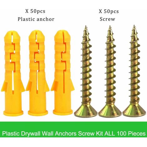 Chevilles -Anchors Plugs Kit, Placoplâtre Chevilles et vis-expansibles baril Anti Rotation Côtes-Barbed Jaws supérieure Grip Tight-Strong Hold-creux cloison sèche Cavity Raw mur Fixings (6-40mm jaune) (1/5)