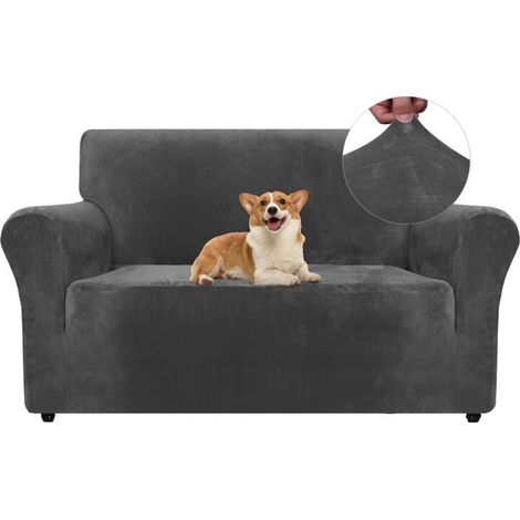 1 Housse de canapé, Velours extensible, Polyester antidérapant, Protection animaux, 2 places Gris (1/5)