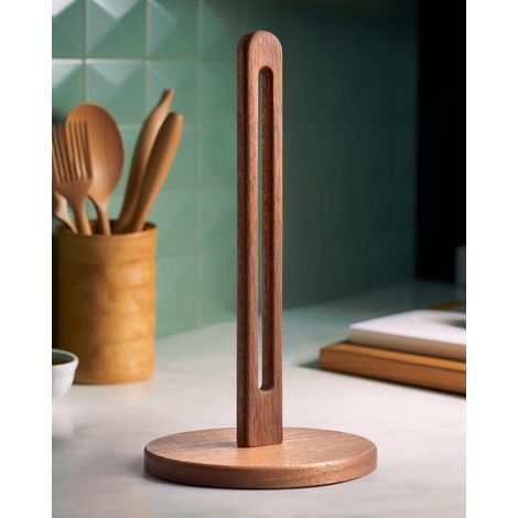 Porte-essuie-tout en bois pour grands rouleaux modèle robuste et autoportant en hêtre, doté d'une base antidérapante. (1/5)