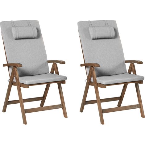 Conjunto de 2 sillas de jardín rústicas de madera de acacia natural ajustables plegables con reposabrazos cojines gris jaspeado Amantea Premium