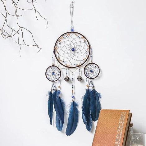 Attrape-rêves mignon avec anneaux de plumes, attrape-rêves fait main pour la décoration de la chambre (bleu) (1/5)