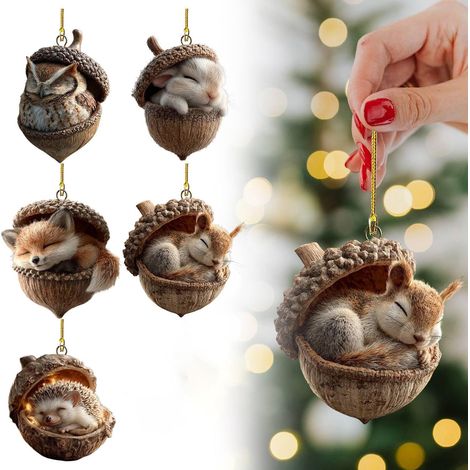 6er-Set 2D-Acryl-Weihnachtsbaumschmuck, eichelförmige Waldtier-Weihnachtsdekorationen – Tierschmuck für Baum, Fenster, Zuhause (1/5)