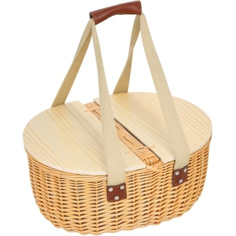 Light Brown Wicker Picnic Basket for 2 with Pine Wood Lid,Cooler Compartment,Cutlery Set,Ideal for Camping and Outdoor Events.