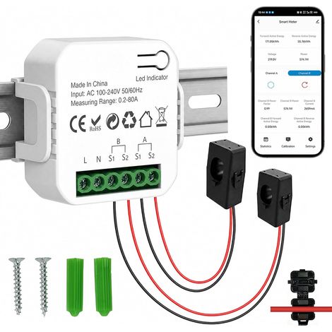 Compteur d'Énergie WiFi Bidirectionnel 80A CT avec 2 Pinces, Compteur Intelligent pour Autoconsommation Panneau Solaire, Compatible Tuya Smart Life & Alexa, Montage Rail DIN, Sans Passerelle (1/5)